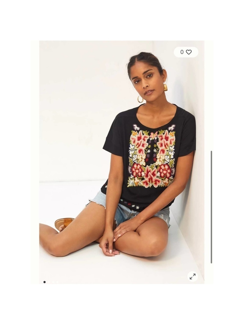Tiny x Anthropologie Floral Embroidered Black Short Sleeve Pullover